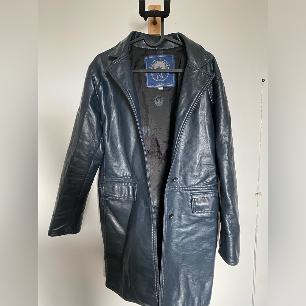 Italian Textile Group Navy Blue Leather Raincoat